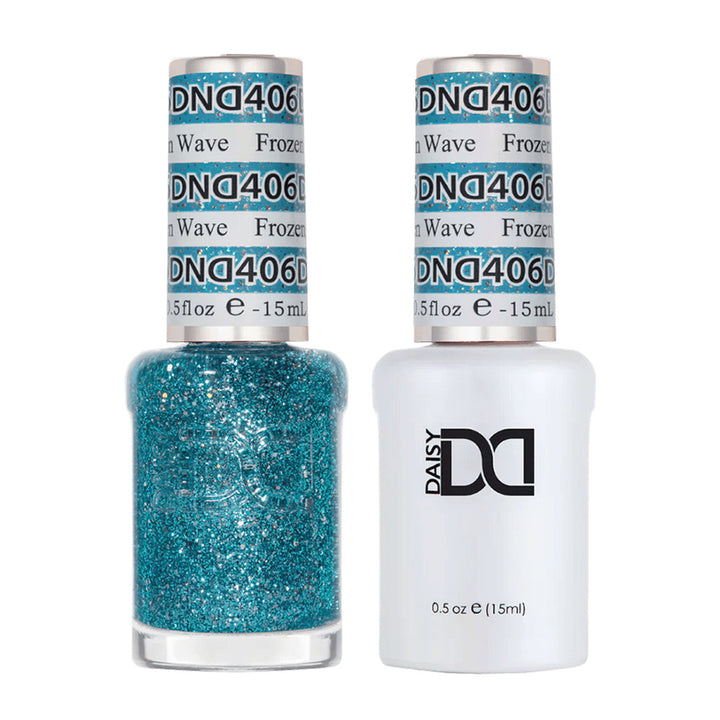 DND Duo 406 Frozen Wave, gel polish and matching nail lacquer bottles