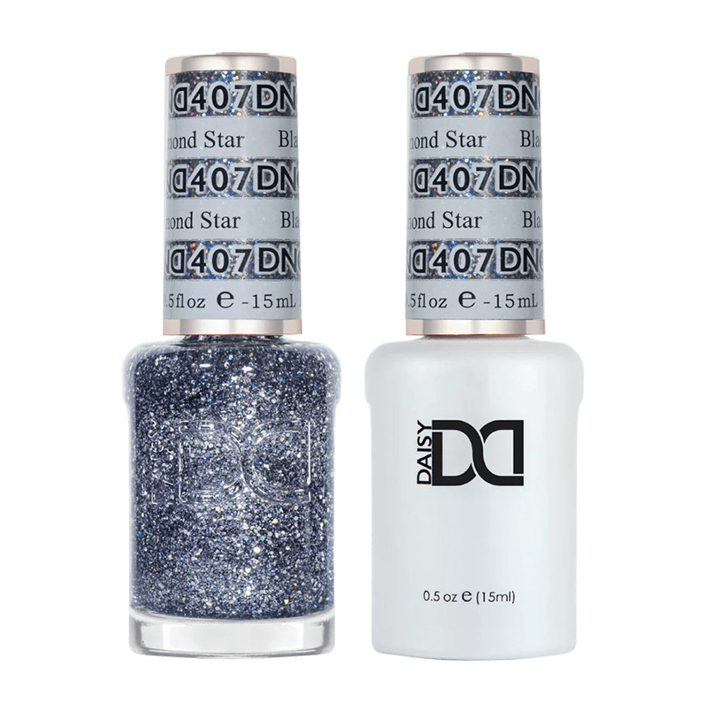 DND Duo 407 Black Diamond Star, gel polish and matching nail lacquer bottles