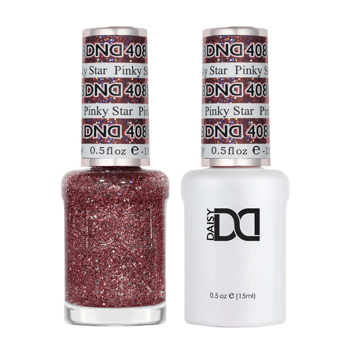 DND Duo 408 Pink Star, gel polish and matching nail lacquer bottles