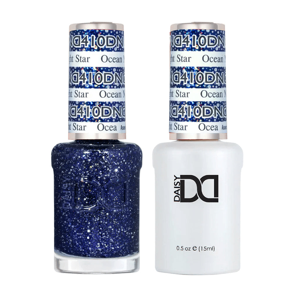 DND Duo 410 Ocean Night Star, gel polish and matching nail lacquer bottles