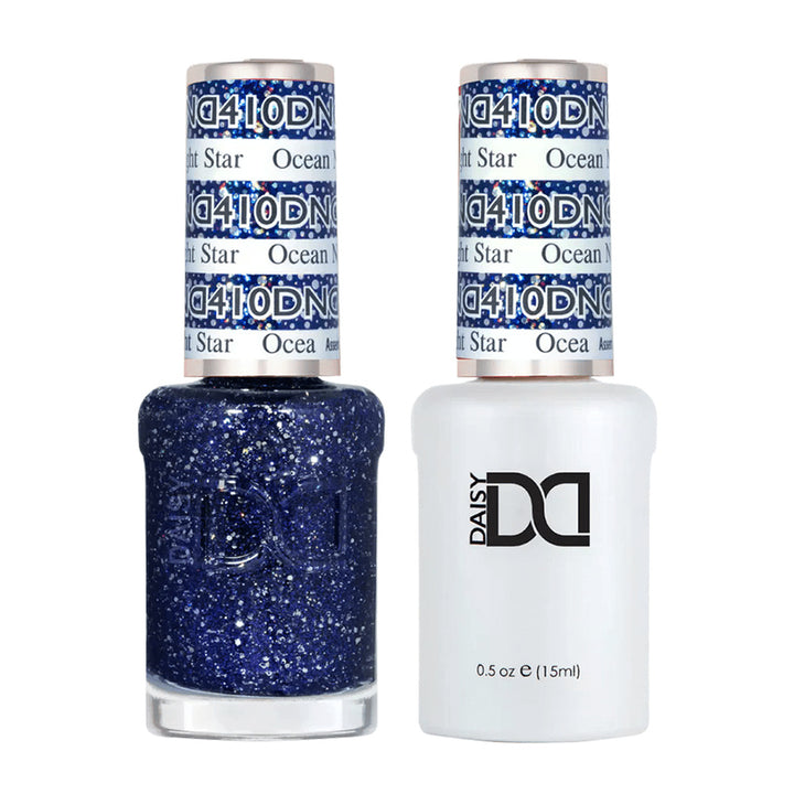 DND Duo 410 Ocean Night Star, gel polish and matching nail lacquer bottles