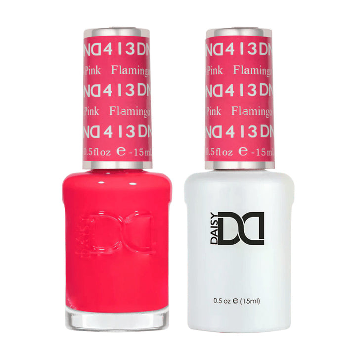 DND Duo 413 Flamingo Pink, gel polish and matching nail lacquer bottles
