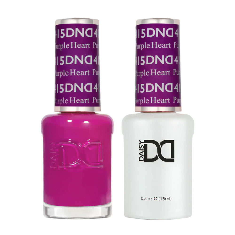DND Duo 415 Purple Heart, gel polish and matching nail lacquer bottles