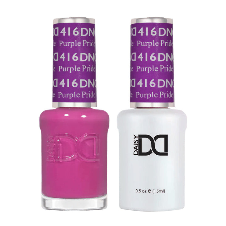 DND Duo 416 Purple Pride, gel polish and matching nail lacquer bottles