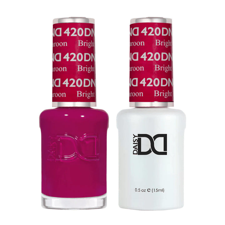 DND Duo 420 Bright Maroon, gel polish and matching nail lacquer bottles