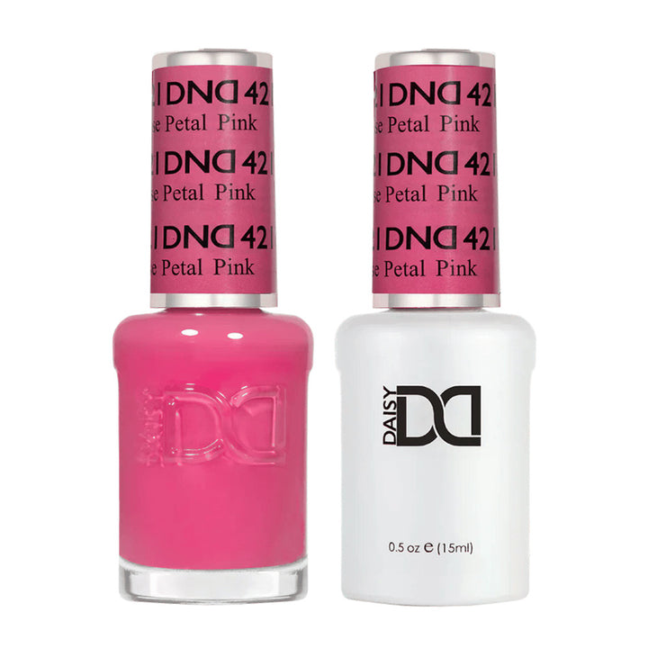 DND Duo 421 Rose Petal Pink, gel polish and matching nail lacquer bottles