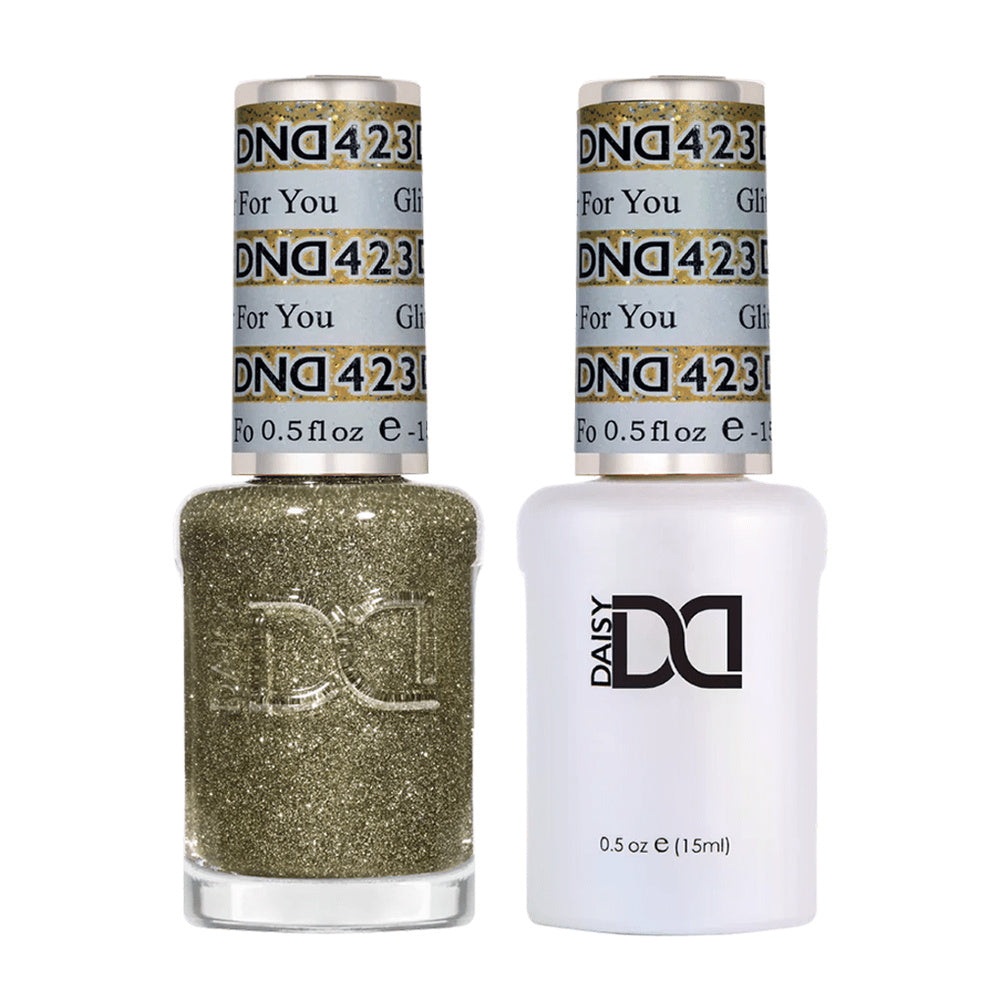 DND Duo 423 Glitter For You, gel polish and matching nail lacquer bottles