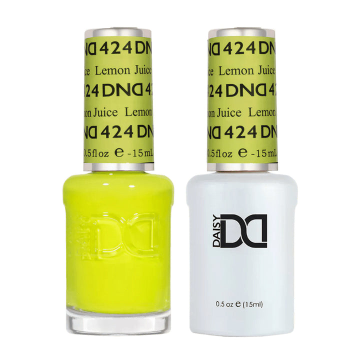 DND Duo 424 Lemon Juice, gel polish and matching nail lacquer bottles