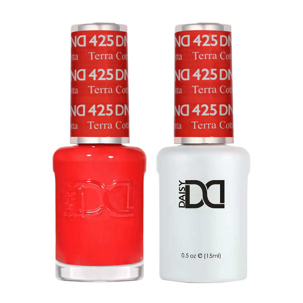 DND Duo 425 Terra Cotta, gel polish and matching nail lacquer bottles