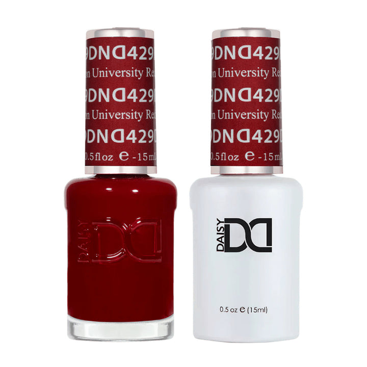 DND Duo 429 Boston University Red, gel polish and matching nail lacquer bottles