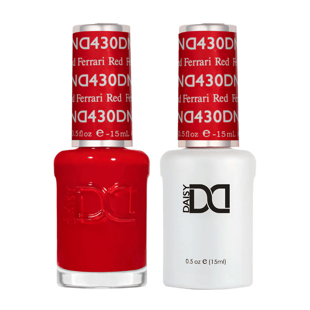 DND Duo 430 Ferrari Red, gel polish and matching nail lacquer bottles
