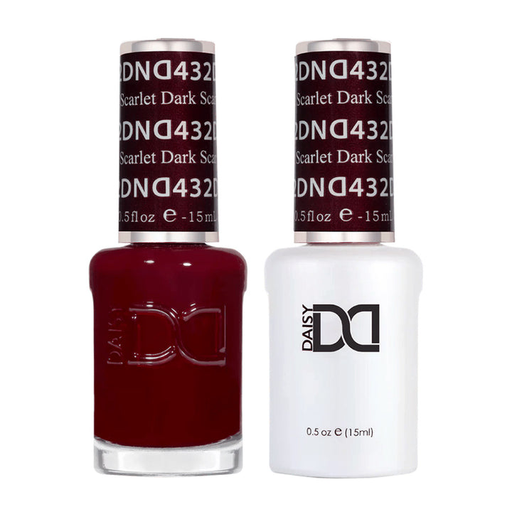 DND Duo 432 Dark Scarlet, gel polish and matching nail lacquer bottles