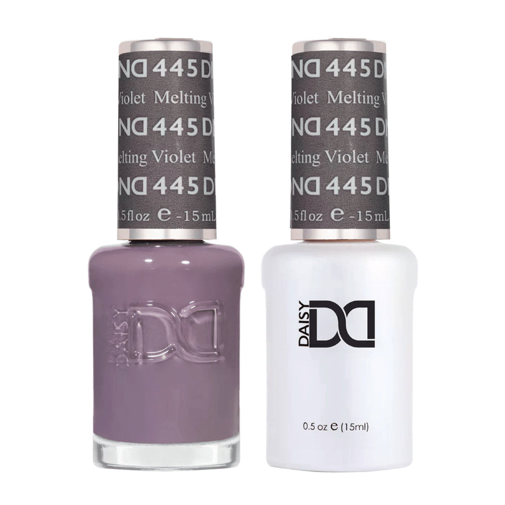 DND Duo 445 Melting Violet, gel polish and matching nail lacquer bottles