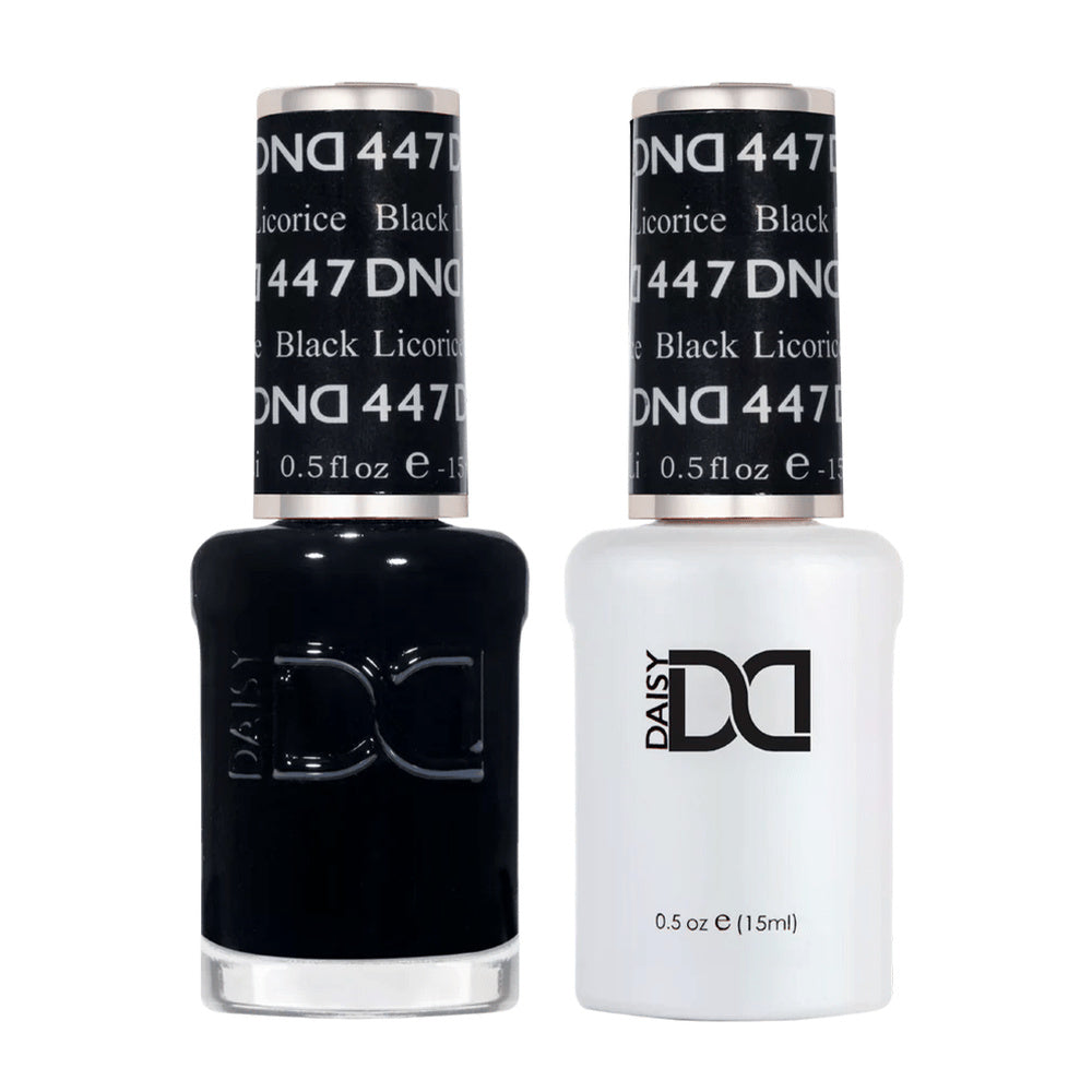 DND Duo 447 Black Licorice, gel polish and matching nail lacquer bottles
