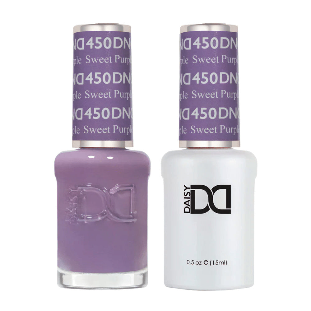 DND Duo 450 Sweet Purple, gel polish and matching nail lacquer bottles