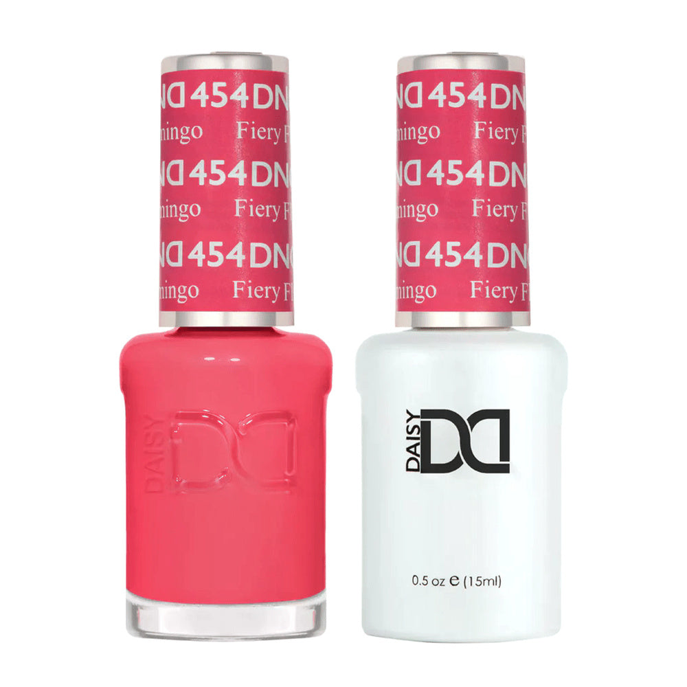 DND Duo 454 Fiery Flamingo, gel polish and matching nail lacquer bottles