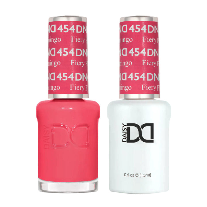 DND Duo 454 Fiery Flamingo, gel polish and matching nail lacquer bottles