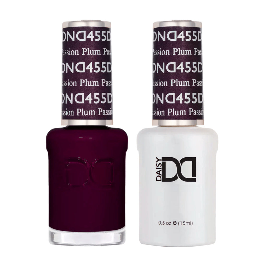 DND Duo 455 Plum Passion, gel polish and matching nail lacquer bottles