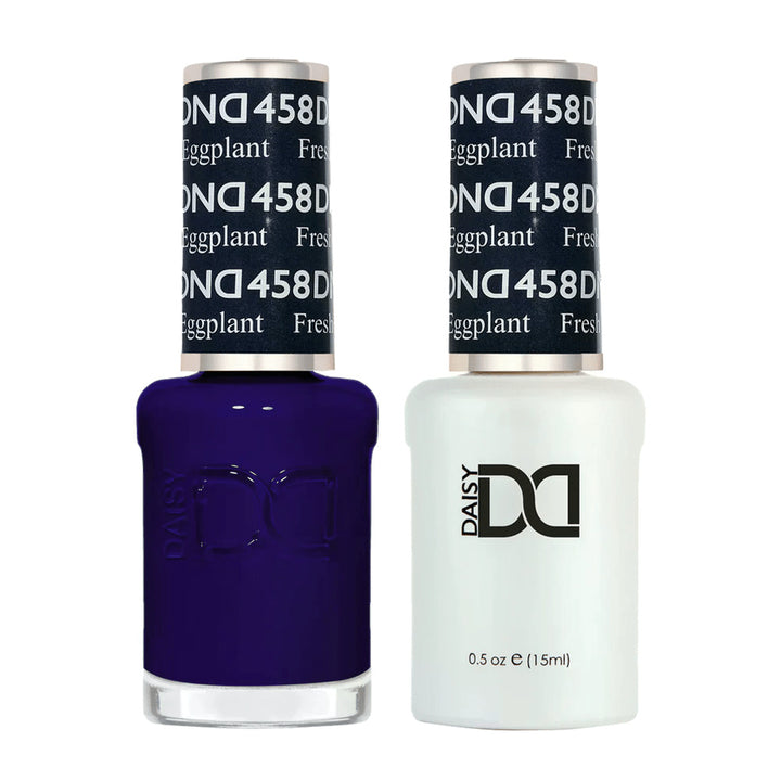 DND Duo 458 Fresh Eggplant, gel polish and matching nail lacquer bottles