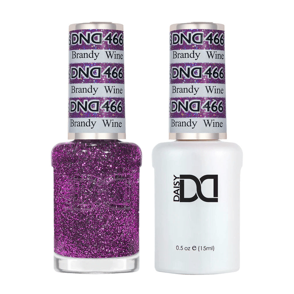DND Duo 466 Brandy Wine, gel polish and matching nail lacquer bottles