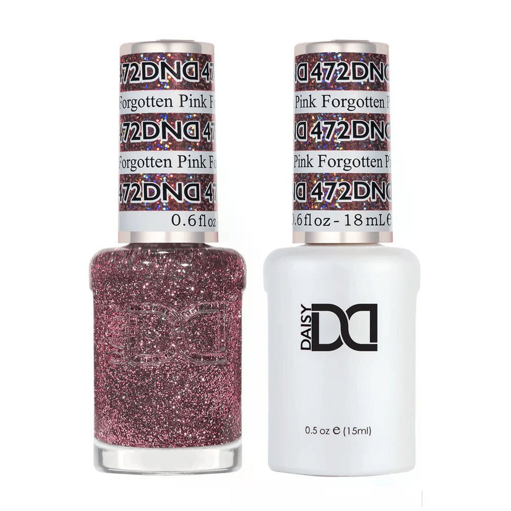 DND Duo 472 Forgotten Pink, gel polish and matching nail lacquer bottles
