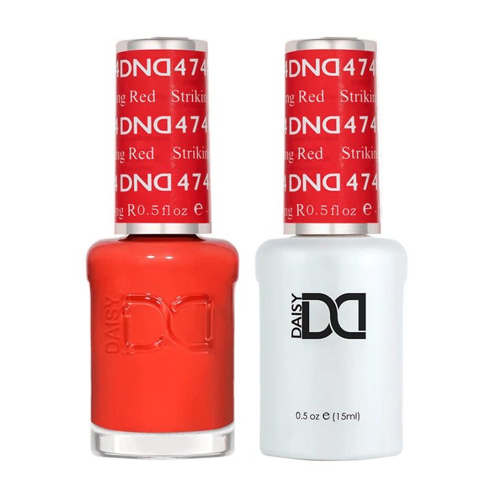 DND Duo 474 Striking Red, gel polish and matching nail lacquer bottles