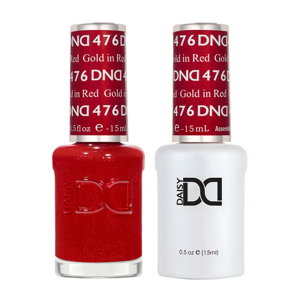 DND Duo 476 Gold in Red, gel polish and matching nail lacquer bottles