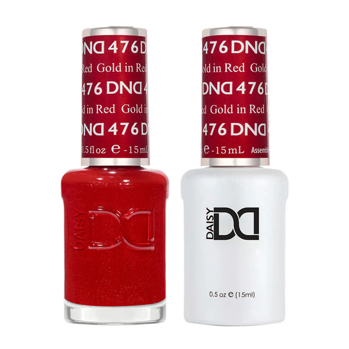 DND Duo 476 Gold in Red, gel polish and matching nail lacquer bottles
