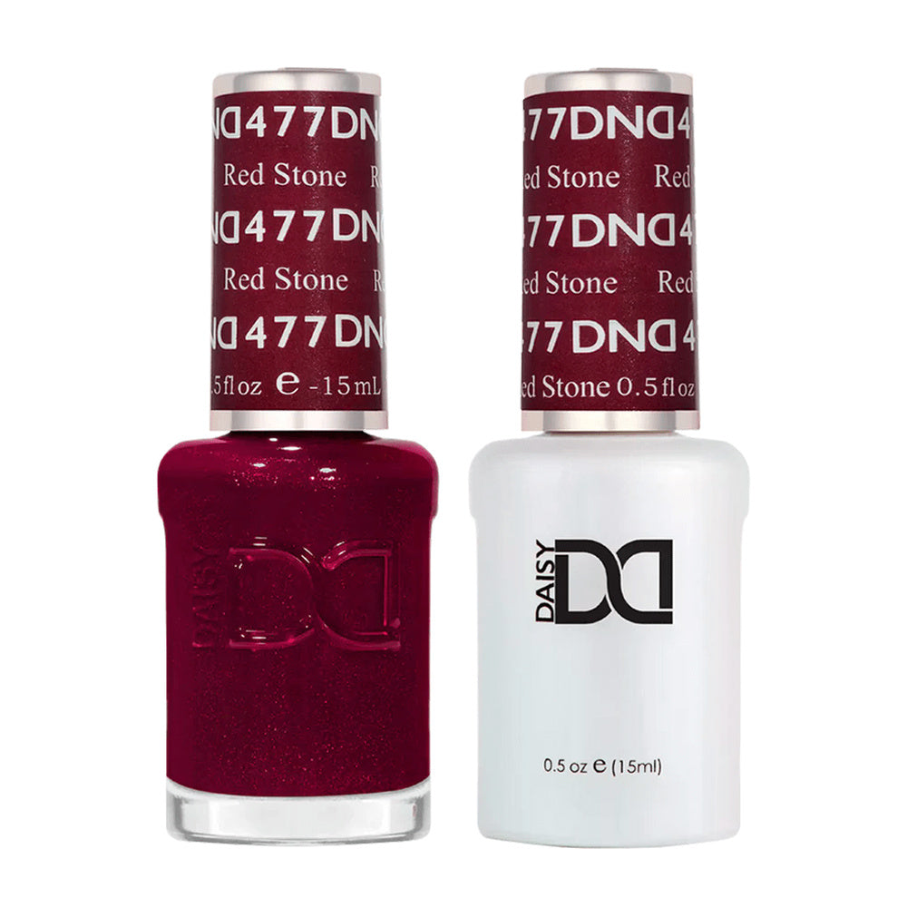 DND Duo 477 Red Stone, gel polish and matching nail lacquer bottles