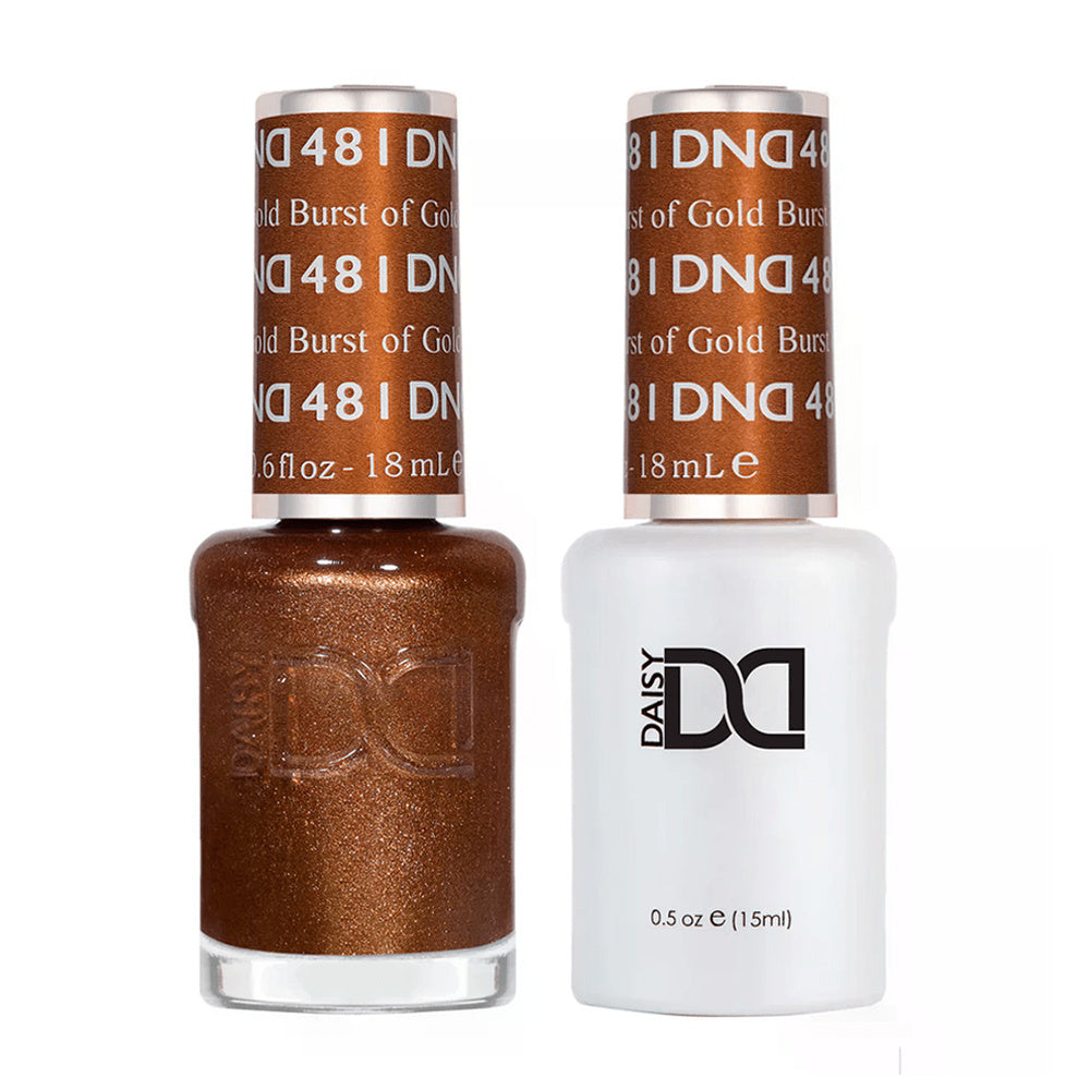 DND Duo 481 Burst of Gold, gel polish and matching nail lacquer bottles