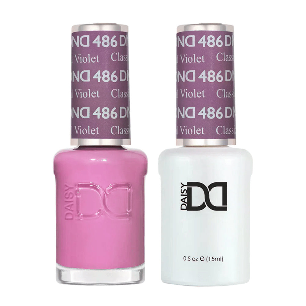 DND Duo 486 Classical Violet, gel polish and matching nail lacquer bottles