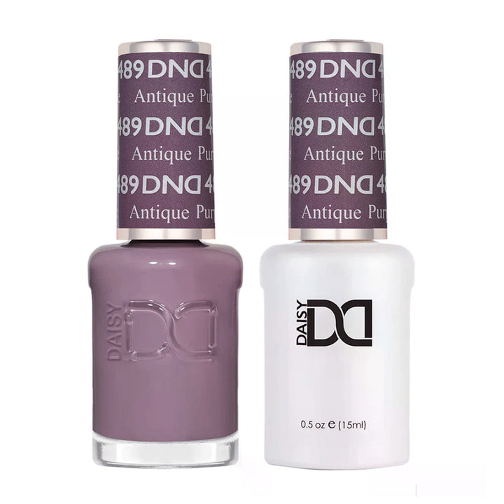 DND Duo 489 Antique Purple, gel polish and matching nail lacquer bottles