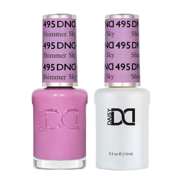 DND Duo 495 Shimmer Sky, gel polish and matching nail lacquer bottles