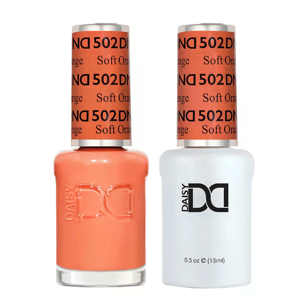 DND Duo 502 Soft Orange, gel polish and matching nail lacquer bottles