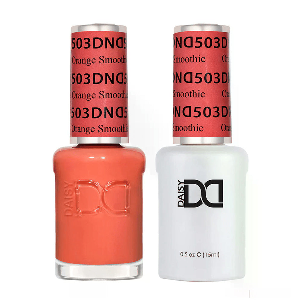 DND Duo 503 Orange Smoothie, gel polish and matching nail lacquer bottles