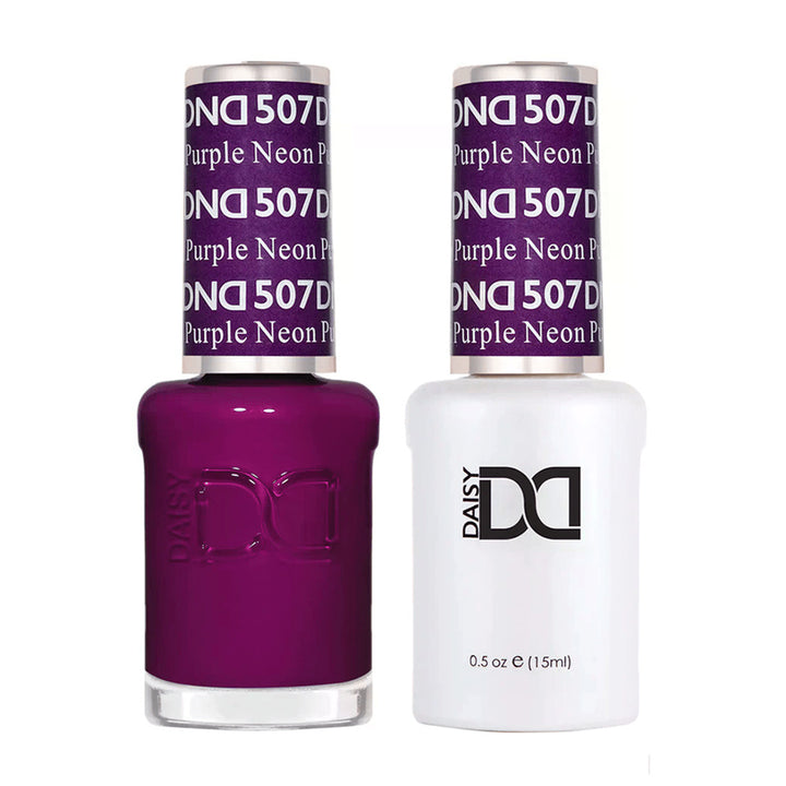DND Duo 507 Neon Purple, gel polish and matching nail lacquer bottles