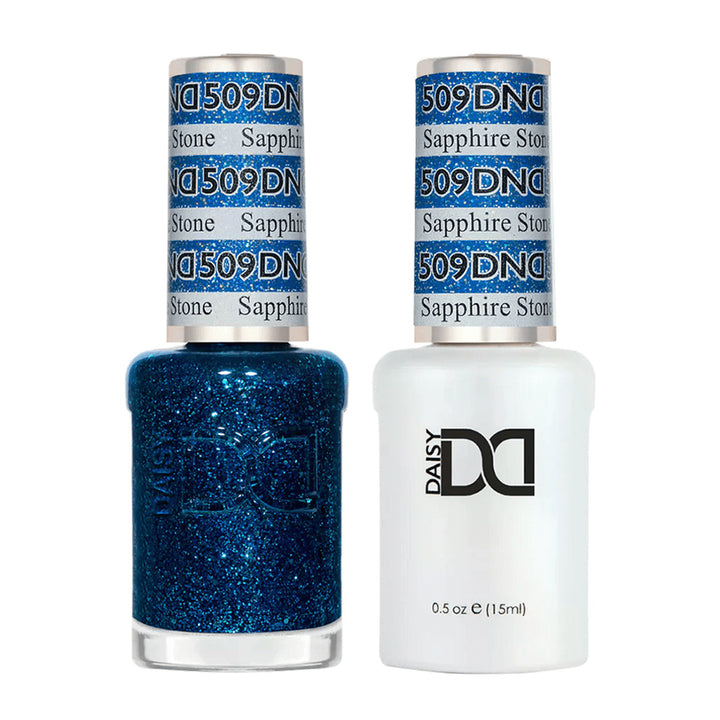 DND Duo 509 Sapphire Stone, gel polish and matching nail lacquer bottles