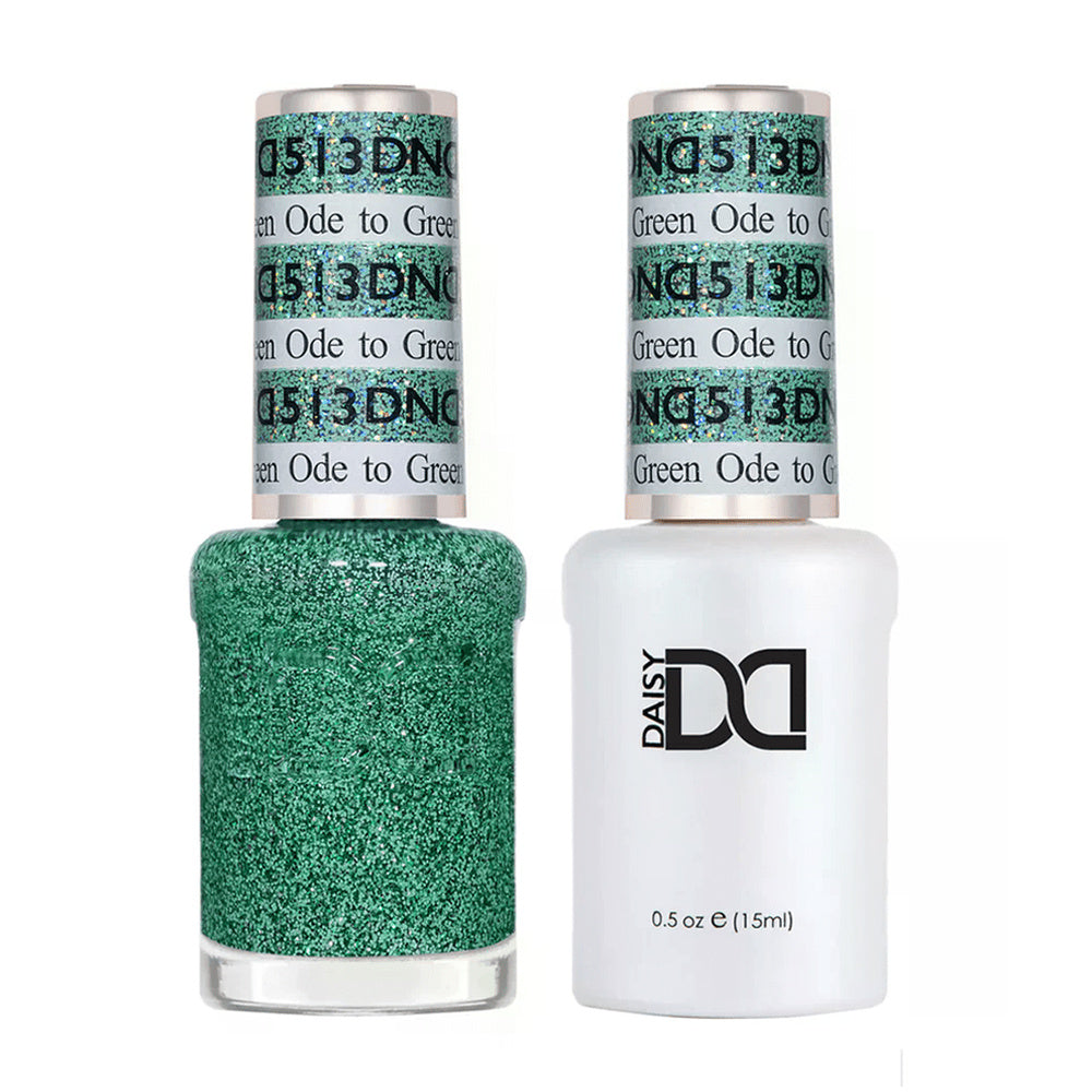 DND Duo 513 Ode to Green, gel polish and matching nail lacquer bottles