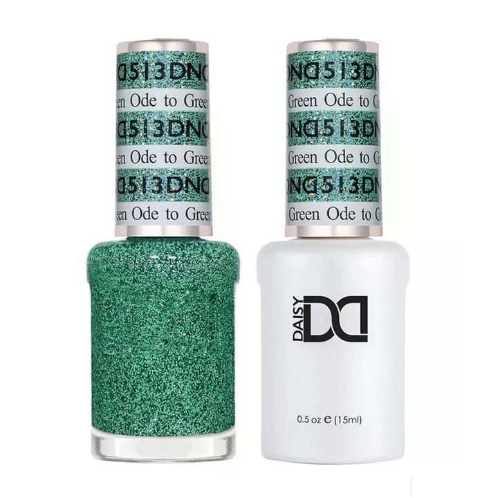 DND Duo 513 Ode to Green, gel polish and matching nail lacquer bottles