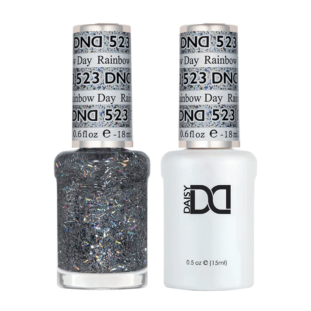 DND Duo 523 Rainbow Day, gel polish and matching nail lacquer bottles