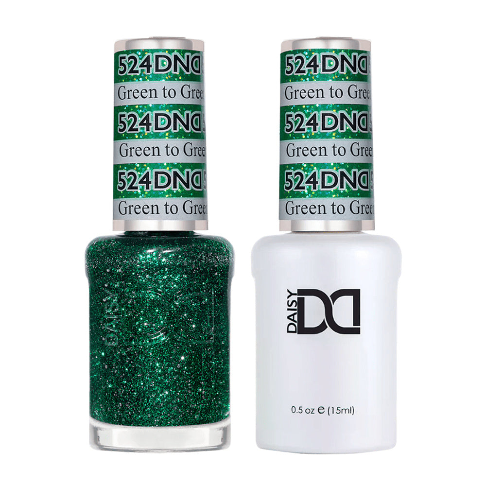 DND Duo 524 Green To Green, gel polish and matching nail lacquer bottles