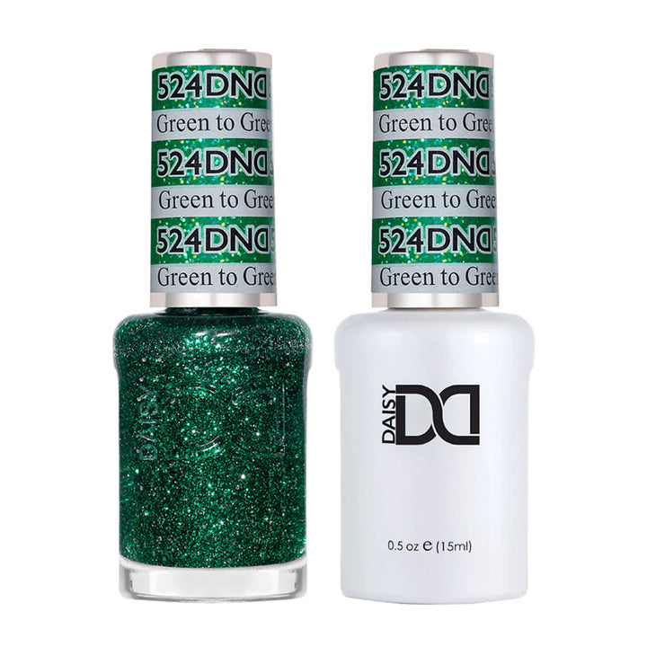 DND Duo 524 Green To Green, gel polish and matching nail lacquer bottles