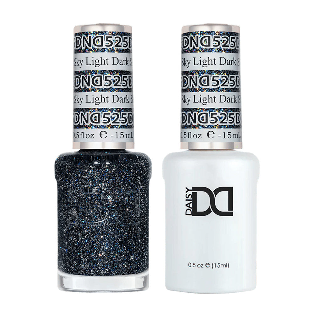 DND Duo 525 Dark Sky Light, gel polish and matching nail lacquer bottles
