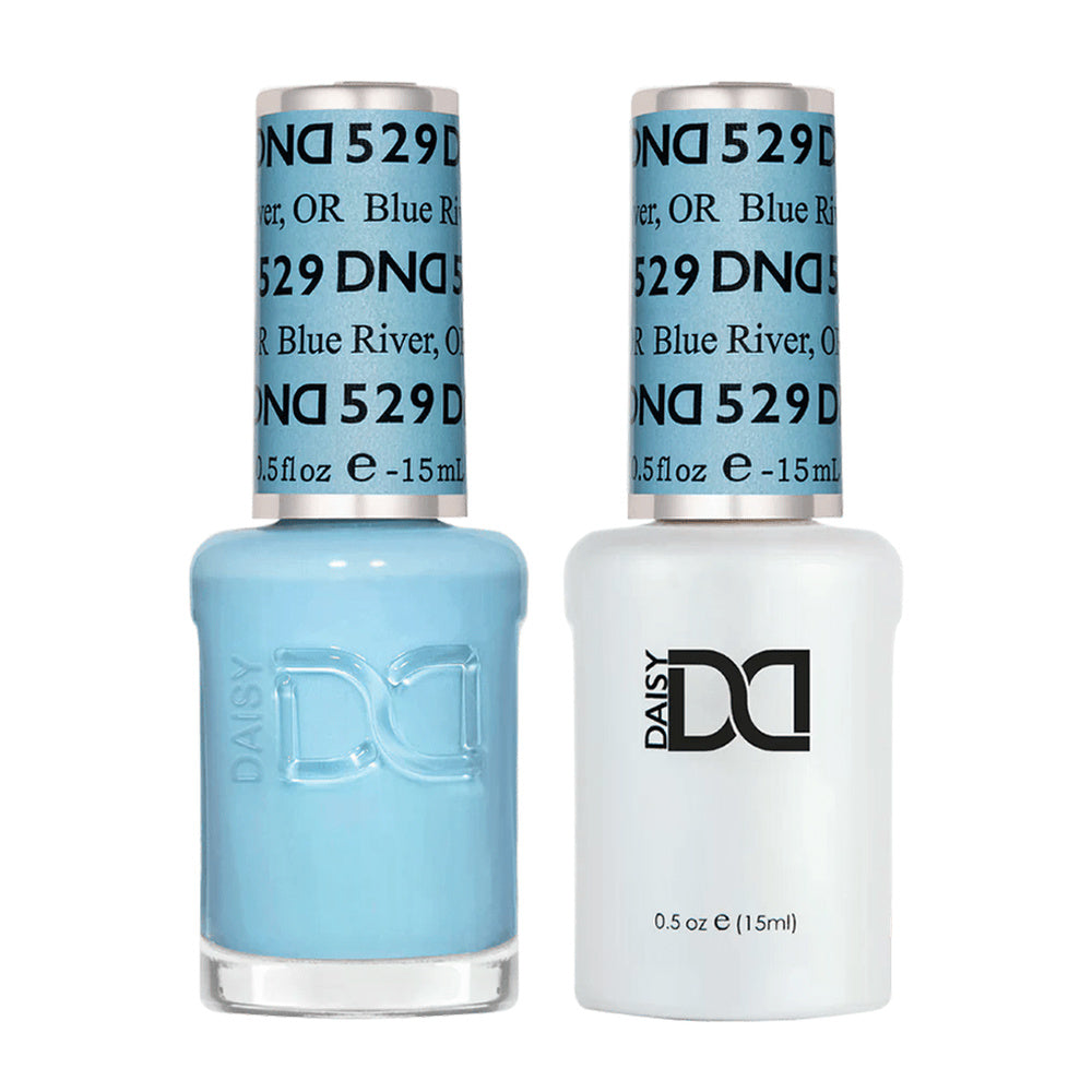 DND Duo 529 Blue River, gel polish and matching nail lacquer bottles
