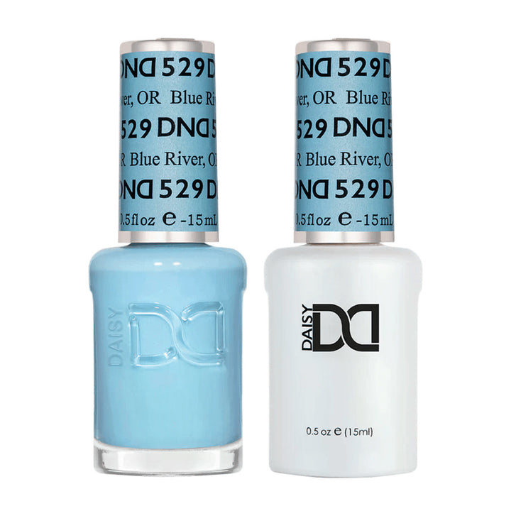 DND Duo 529 Blue River, gel polish and matching nail lacquer bottles