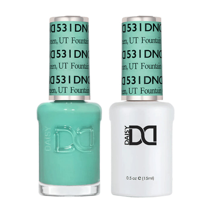 DND Duo 531 Fountain Green, gel polish and matching nail lacquer bottles