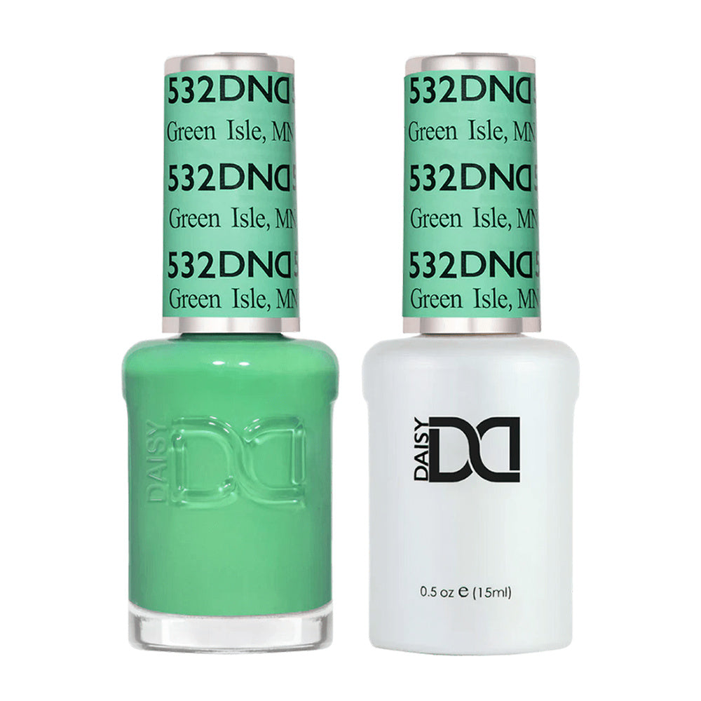 DND Duo 532 Green Isle, gel polish and matching nail lacquer bottles