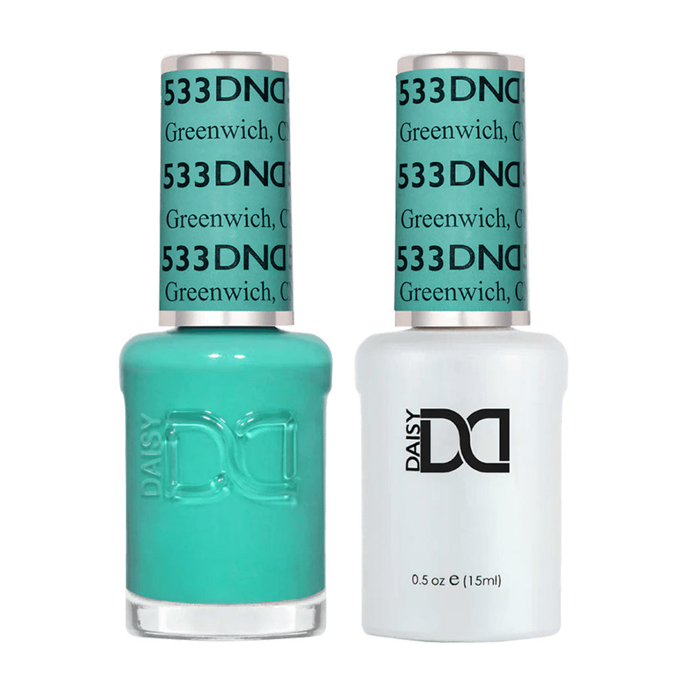 DND Duo 533 Greenwich, gel polish and matching nail lacquer bottles