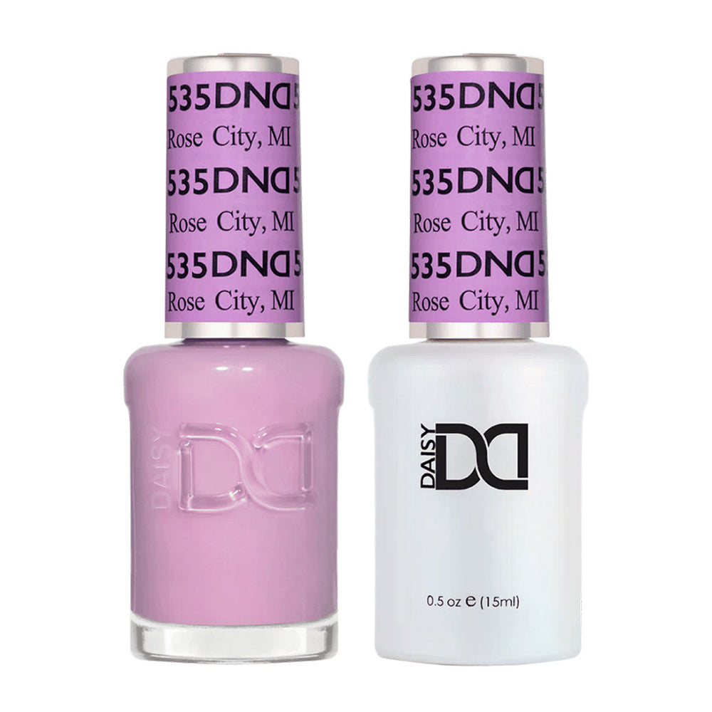 DND Duo 535 Rose City, gel polish and matching nail lacquer bottles