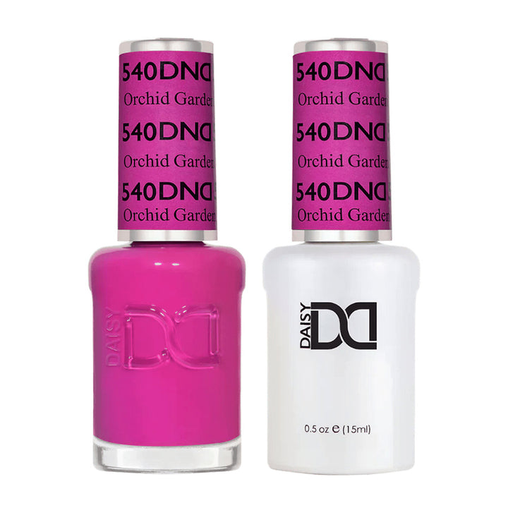 DND Duo 540 Orchid Garden, gel polish and matching nail lacquer bottles